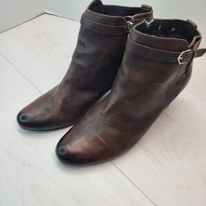 Sam Edelman Women Dark Brown Leather Ankle Boots Buckle Heel‎ Zip Size 8M